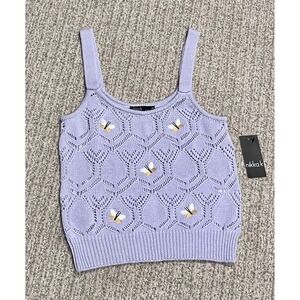 Nikka K XS Lavender Knit Tank Top Embroidered Bees Cottagecore Y2K Balletcore